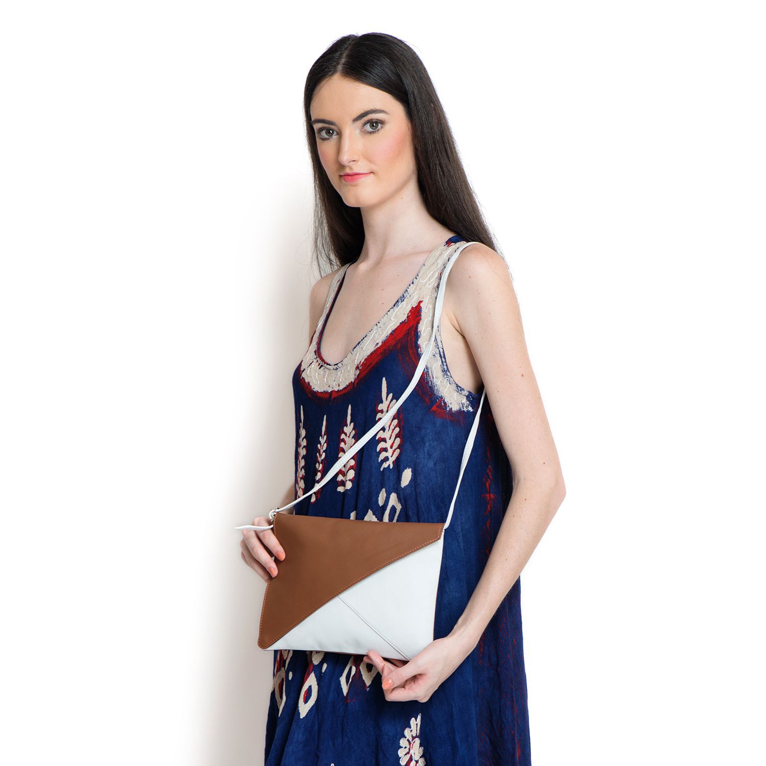 NEW SEASON Genuine Leather Tan and Off White Colour Crossbody Bag (Size 24x18 Cm)