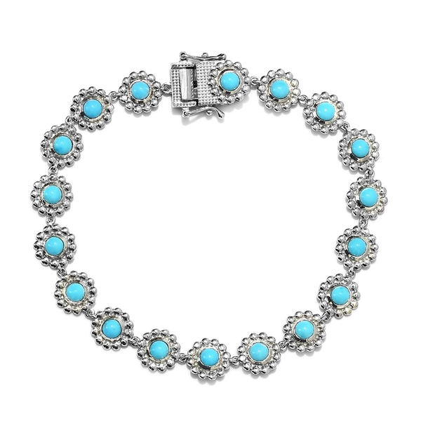 5.25 Ct Arizona Sleeping Beauty Turquoise Floral Link Bracelet in Platinum Plated Silver 8 Inch