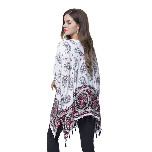 White, Cherry and Multi Colour Bandana Pattern Poncho with Wooden Beads Adorned Tassels (Size 130X95 Cm)