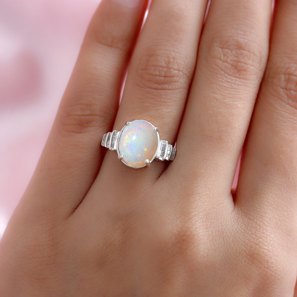 Ethiopian Welo Opal and Diamond Ring in Platinum Overlay Sterling Silver 2.80 Ct.
