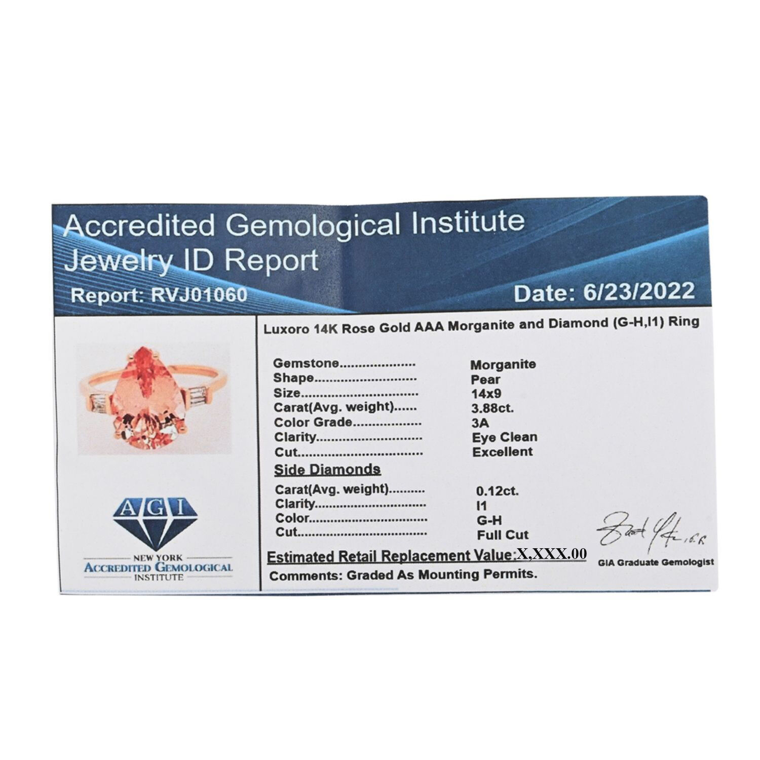 Certified and Appraised 14K Rose Gold AAA Marropino Morganite and (I1-G-H) Diamond Ring 4.00 Ct