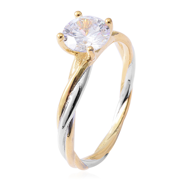 ELANZA Simulated Diamond (Rnd) Solitaire Ring in Yellow Gold and Platinum Overlay Sterling Silver