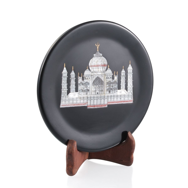 Handcarved Taj Mahal on Black Soap Stone with a Stand- Round