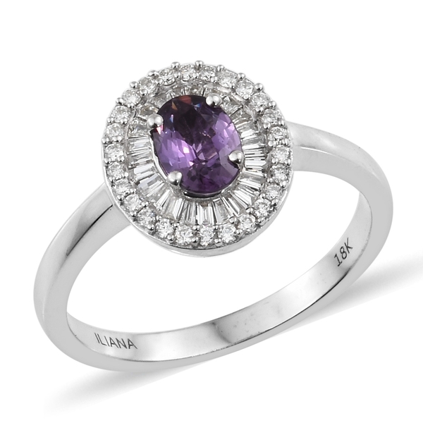 ILIANA 1.25 Ct UnHeated Natural Purple Sapphire and Diamond Halo Ring in 18K White Gold