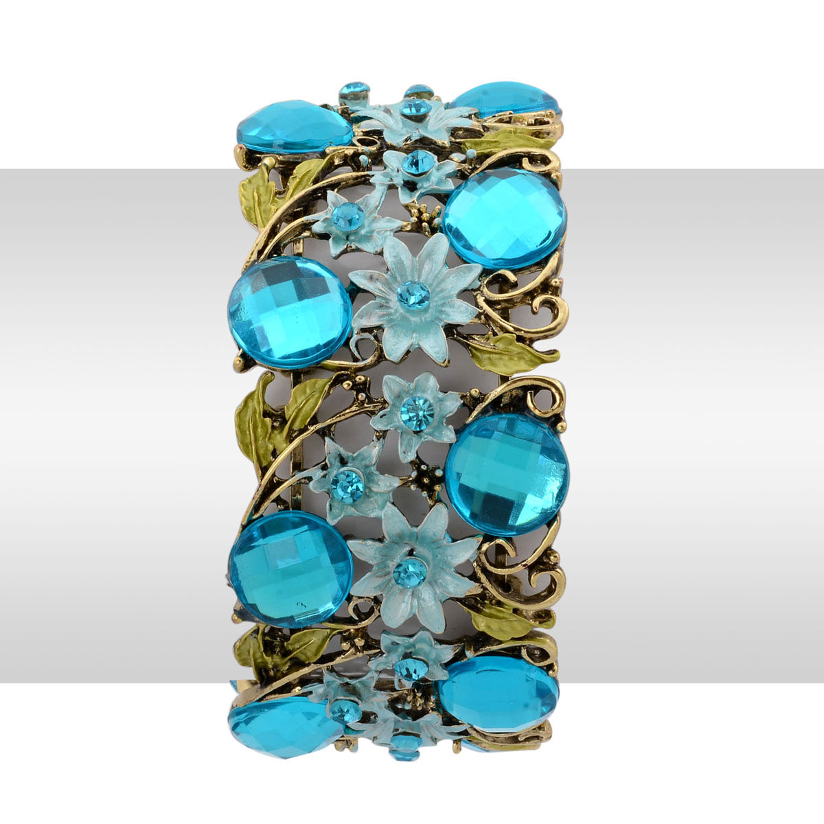 Blue Austrian Crystal and Simulated Blue Stone Bangle in Gold Tone (Size 7.5)