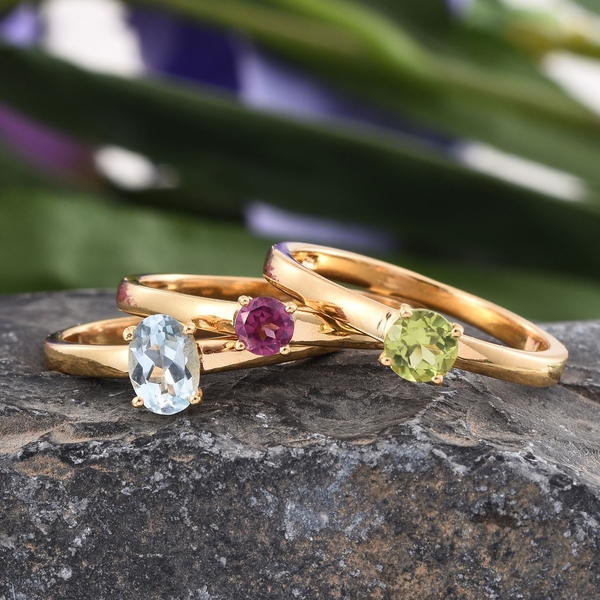 Set of 3 - Sky Blue Topaz (Ovl), Hebei Peridot and Rhodolite Garnet Solitaire Ring in 14K Gold Overlay Sterling Silver 2.000 Ct.