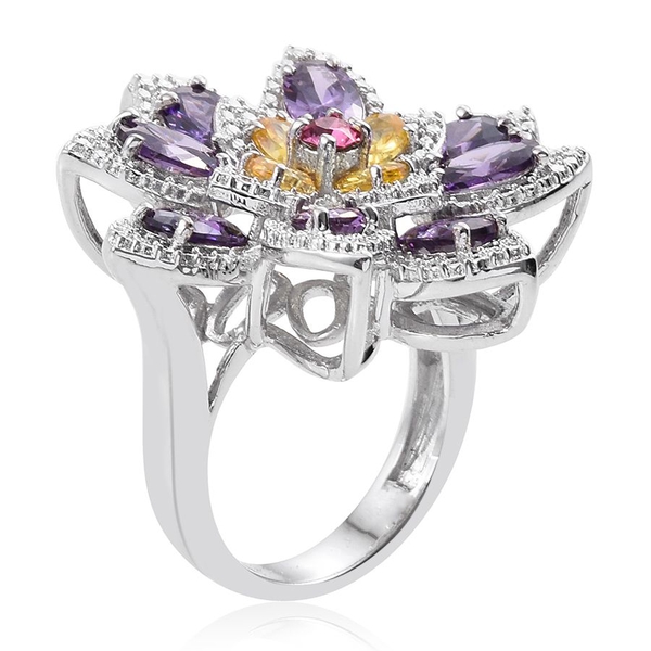- Light Rose Crystal (Rnd), Simulated Citrine and Simulated Amethyst Floral Ring in ION Plated Platinum Bond