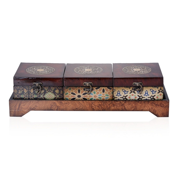 Floral, Cone and Star Pattern Glossy Lacquer Coating 3 Wooden Jewellery Box (Size 12x12x8 Cm) with a