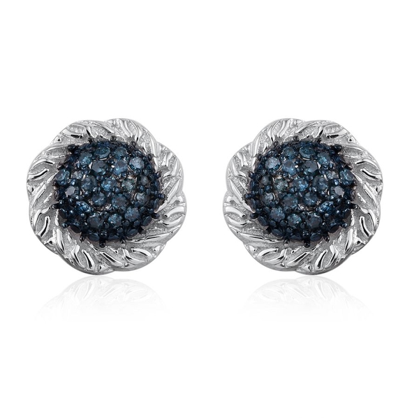 Blue Diamond (Rnd) Stud Earrings (with Push Back) in Platinum Overlay Sterling Silver 0.200 Ct.