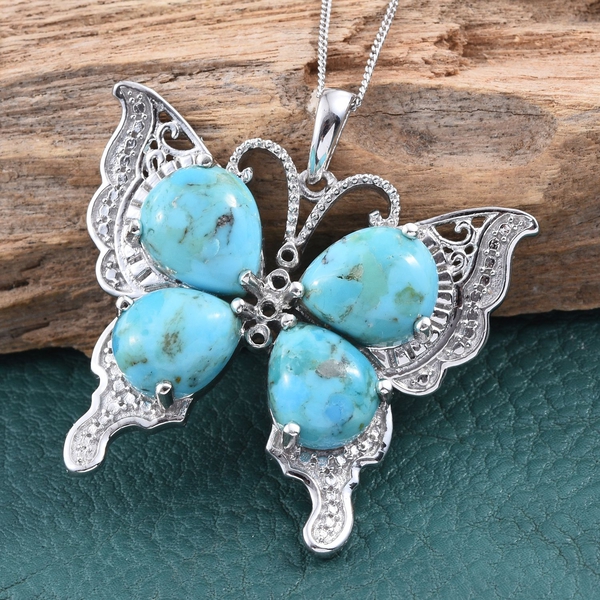 Arizona Matrix Turquoise (Pear) Butterfly Pendant With Chain in Platinum Overlay Sterling Silver 11.500 Ct.