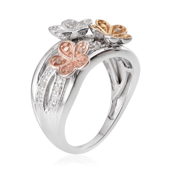 Diamond (Rnd) Floral Ring in Rose Gold, Yellow Gold and Platinum Overlay Sterling Silver 0.100 Ct.