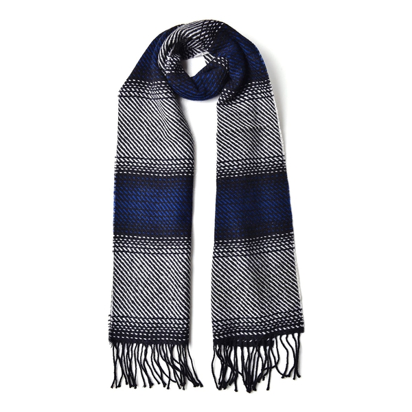 100% Wool Navy, Black and Grey Colour Stripes Pattern Scarf with Tassels (Size 180x30 Cm)