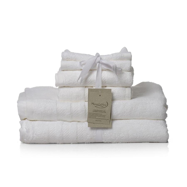 Set of 6 - 100% Cotton White Colour 2 Bath Towels (Size 140x75 Cm), 2 Hand Towels (Size 70x40 Cm) and 2 Face Towels (Size 33x33 Cm)