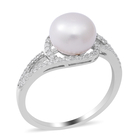 Freshwater Pearl and Simulated Diamond Ring (Size S) in Rhodium Overlay Sterling Silver