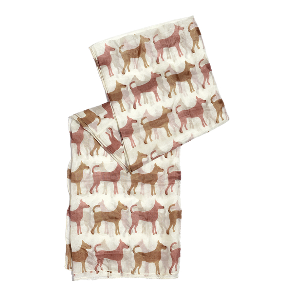 100% Mulberry Silk White, Brown and Multi Colour Dog Pattern Scarf (Size 180x100 Cm)