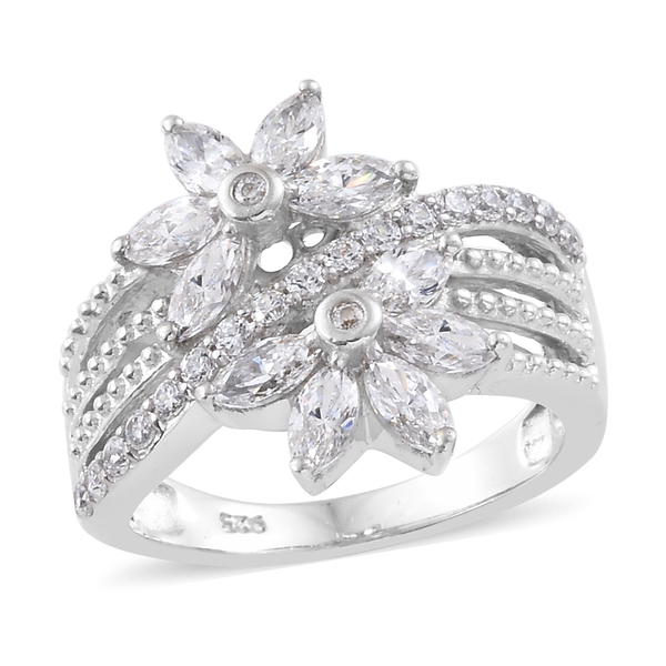 Lustro Stella Made with Finest CZ Cross Over Floral Ring in Platinum Plated Silver