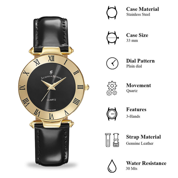 Jacques Du Manoir Swiss Movement Black Dial Water Resistant Coupole Watch with Black Strap - 33mm