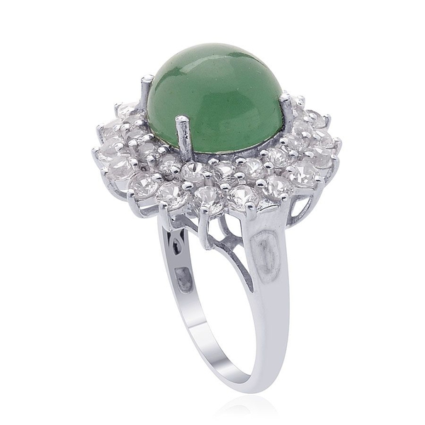 Emerald Quartz (Rnd 5.75 Ct), White Topaz Ring in Platinum Overlay Sterling Silver 7.750 Ct.