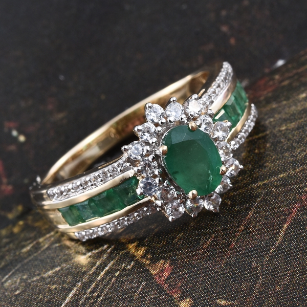 Limited Edition- Designer Inspired- 9K Yellow Gold Kagem Zambian Emerald (Ovl 1.45 Ct), Natural Cambodian Zircon Ring 2.000 Ct. Gold Wt. 5.05 Gms Gold Wt 5.00 Grams