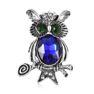 Simulated Blue Topaz and White and Green Austrian Crystal Enamelled Owl Couple Brooch Come Pendant i