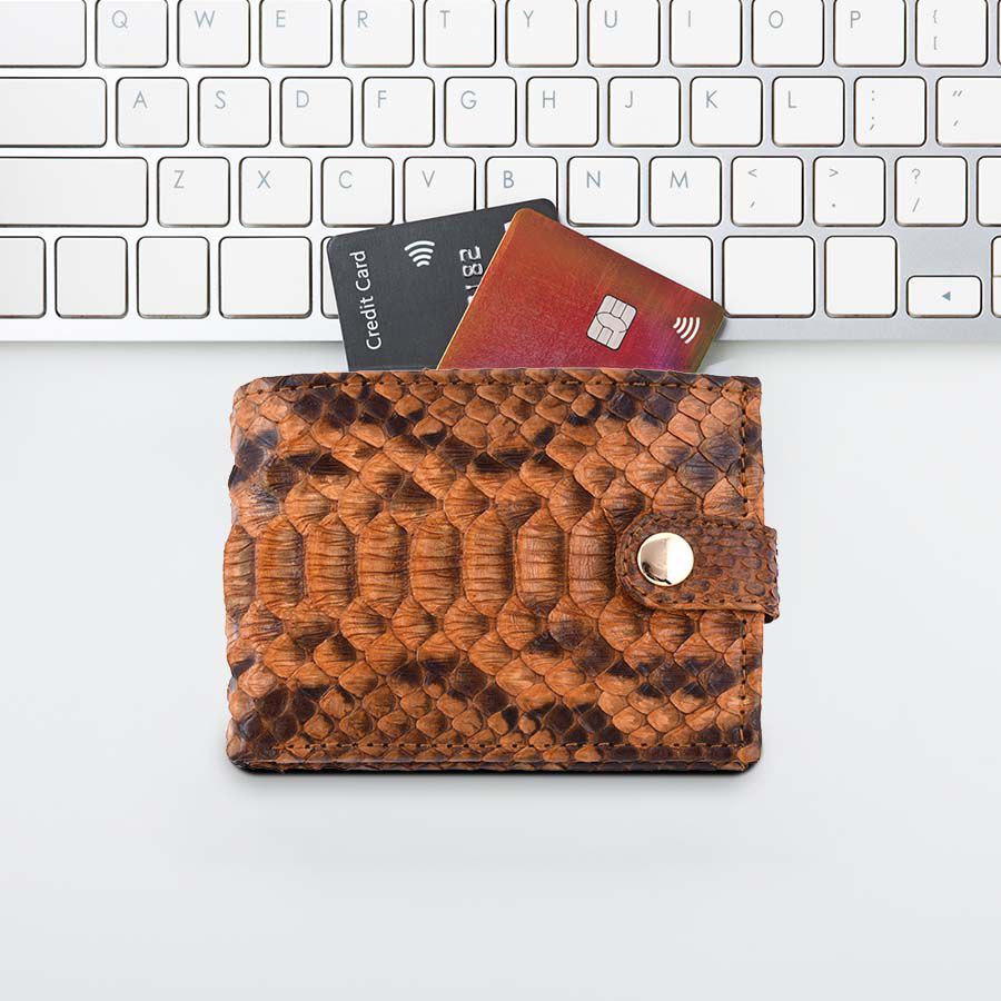 LA MAREY 100% Genuine Python Leather Snake Print Wallet (Size 11.5x9x2cm) - Tan