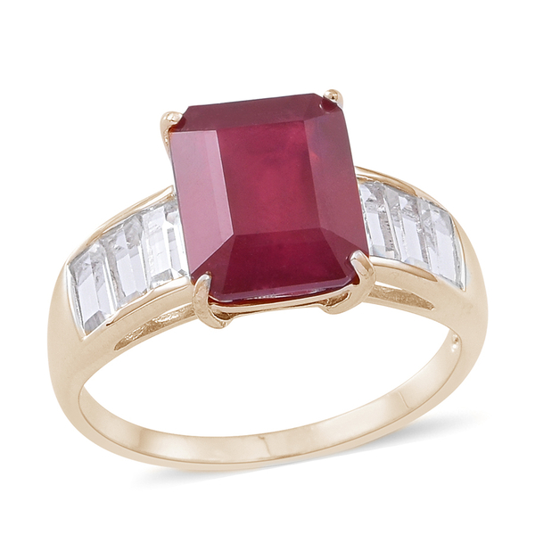 African Ruby (Oct 5.00 Ct), White Topaz Ring in 14K Gold Overlay Sterling Silver 6.500 Ct.