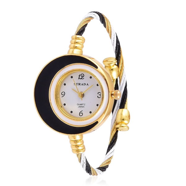 STRADA Japanese Movement White Dial Water Resistant Black Colour Bangle Watch in Gold Tone with Stai