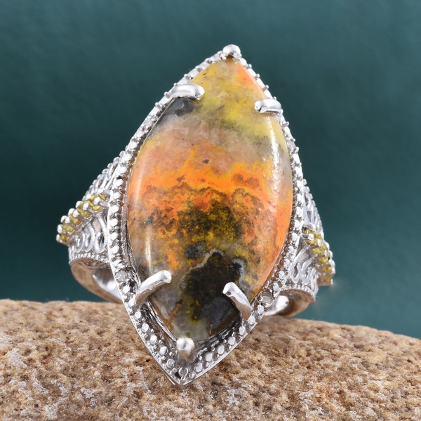Bumble Bee Jasper (Mrq 18.00 Ct), Yellow Sapphire and White Diamond Ring in Platinum Overlay Sterling Silver 18.280 Ct.