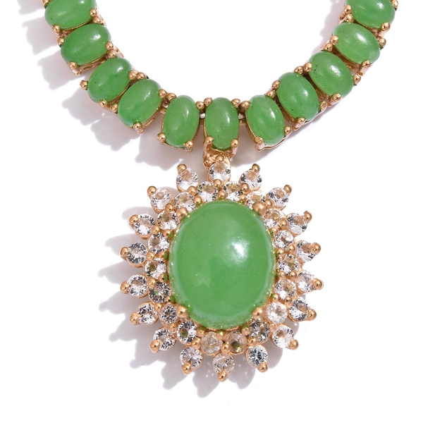 Green Jade (Ovl 6.25 Ct), White Topaz Necklace (Size 18) in 14K Gold Overlay Sterling Silver 27.000 Ct.