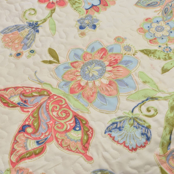 Cream, Green and Multi Colour Butterfly and Floral Pattern Quilt (Size 260x240 Cm) with 2 Quilted Pillow Shams (Size 70x50 Cm)