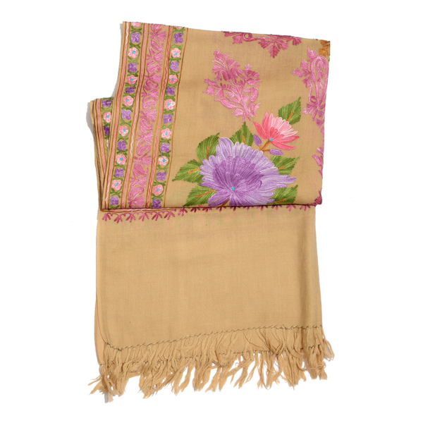 100% Merino Wool Multi Colour Flowers and Leaves Embroidered Peach Colour Scarf (Size 190x70 Cm)