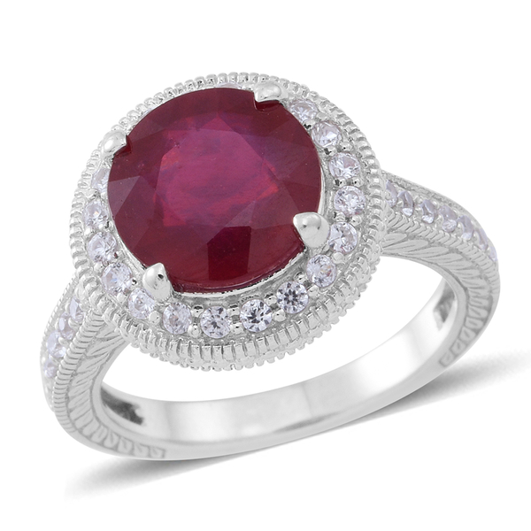 African Ruby (Rnd 5.39 Ct), Kanchanaburi Blue Sapphire, Ruby and Natural White Cambodian Zircon Ring in Rhodium Plated Sterling Silver 7.500 Ct. Silver wt 10.50 Gms.