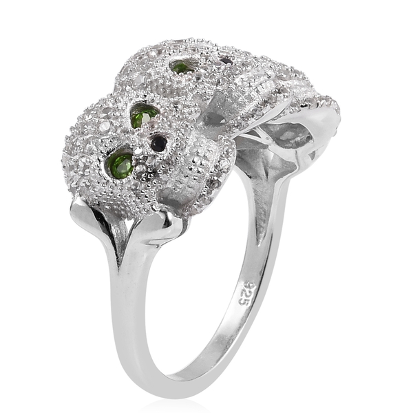 Chrome Diopside (Rnd), Boi Ploi Black Spinel and Natural White Cambodian Zircon Three Skull Ring in Rhodium Overlay Sterling Silver 2.820 Ct, Silver wt 6.38 Gms.