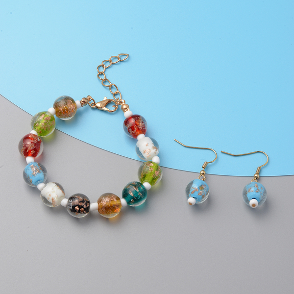 2 Piece Set - Multi Colour Murano Glass Bracelet (Size 7.5 with 2 inch Extender) and Hook Earrings in Yellow Gold Tone