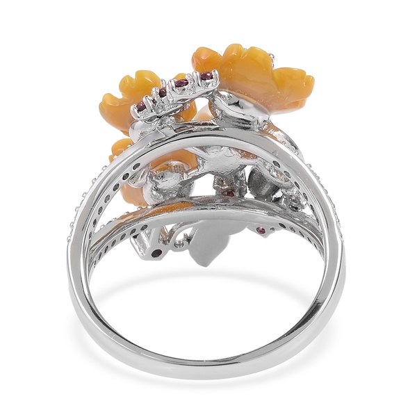 JARDIN COLLECTION - Yellow Mother of Pearl, Freshwater White Pearl, Rhodolite Garnet and Multi Gemstone Floral Enameled Ring in Rhodium and Gold Overlay Sterling Silver, Silver wt 5.45 Gms