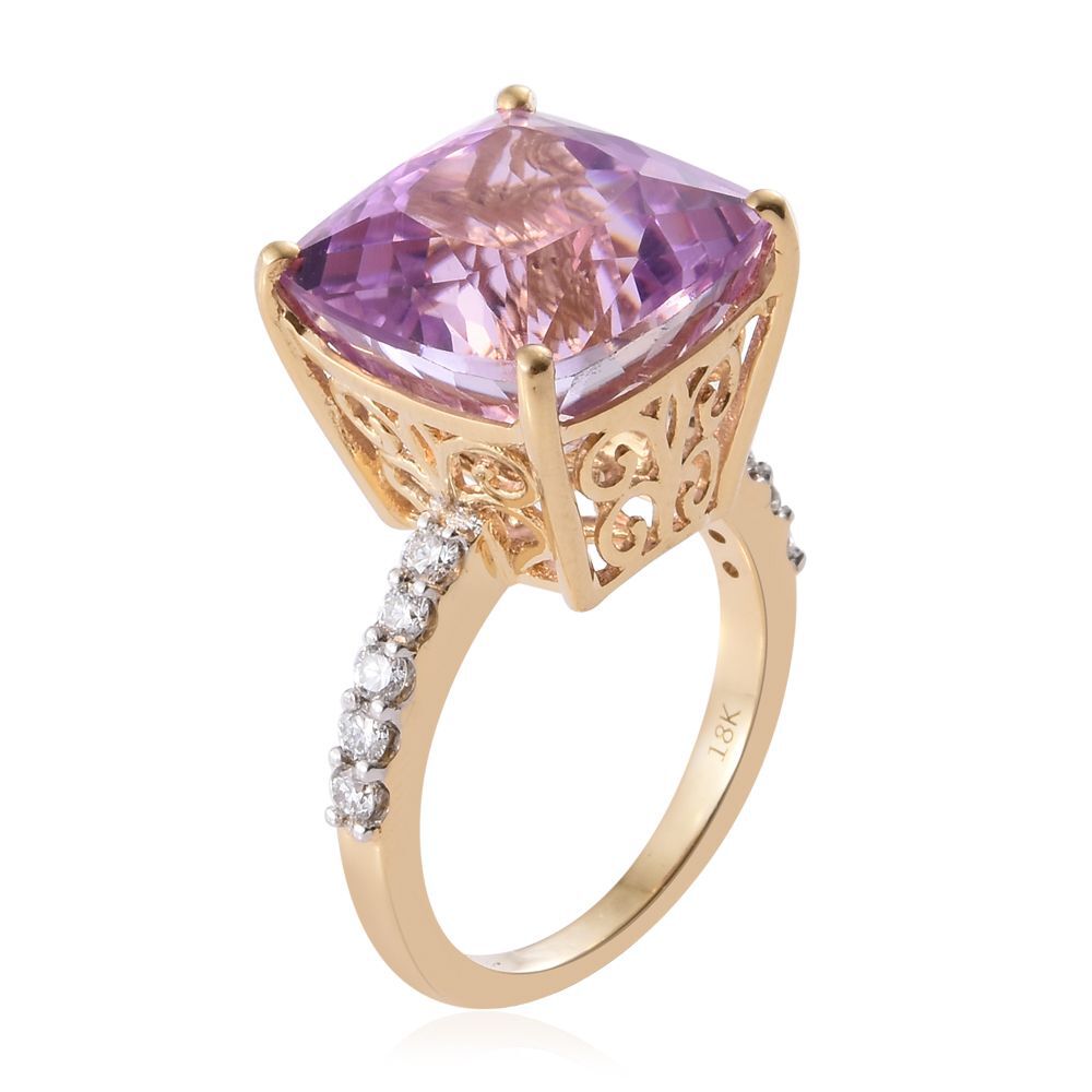 ILIANA 18K Yellow Gold AAA Kunzite (Cush), Diamond (SI-G-H) Ring 15.250 Ct.