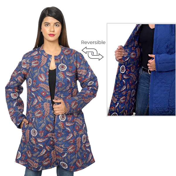 Handmade Printed Reversible Quilted Jacket in Navy Blue &  Wine Red- Size XL (size 16-20 )