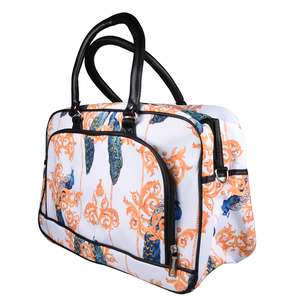 Peacock Pattern Travel Bag with Shoulder Strap and Zipper Closure (Size:43x25x18Cm) - White