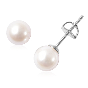 Japanese Akoya Pearl Ball Stud Earrings (with Screw Back) in Rhodium Overlay Sterling Silver
