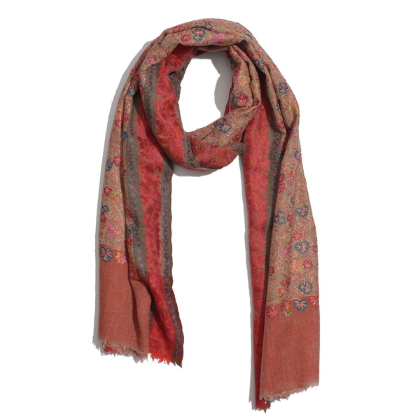 100%  Merino Wool Flowers Embroidered Red and Multi Colour Scarf (Size 200x70 Cm)