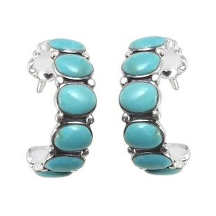 Santa Fe Collection - Kingman Turquoise J Hoop Earrings (With Push Back) in Sterling Silver 7.00 Ct.