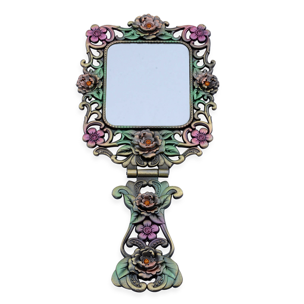 Multi Colour Enameled Floral and Peacock Pattern Foldable Compact Mirror in Gold Tone with Simulated Stone