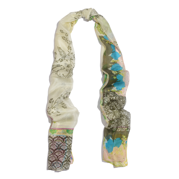 SILK MARK - Made in Kashmir 100% Silk Multi Colour Floral and Paisley Pattern White Colour Scarf (Size 180x50 Cm)