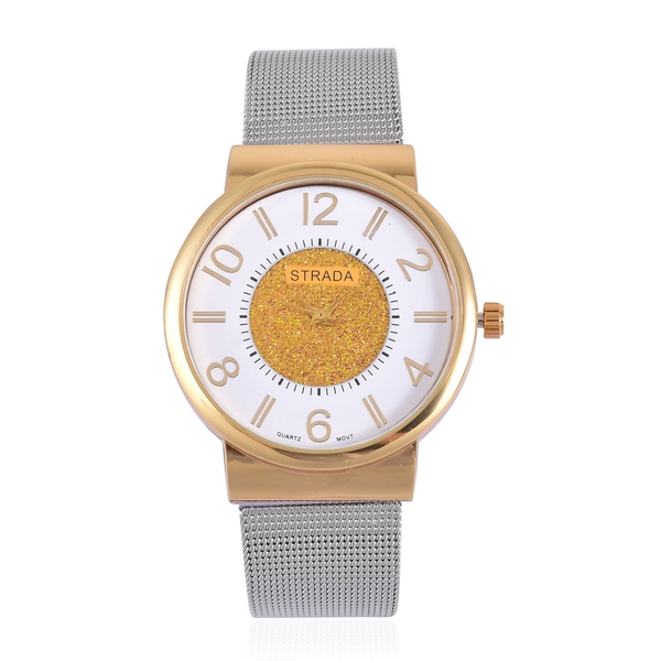 STRADA Japanese Movement Golden Stardust and White Dial Water Resistant Watch in Gold Tone with Stai