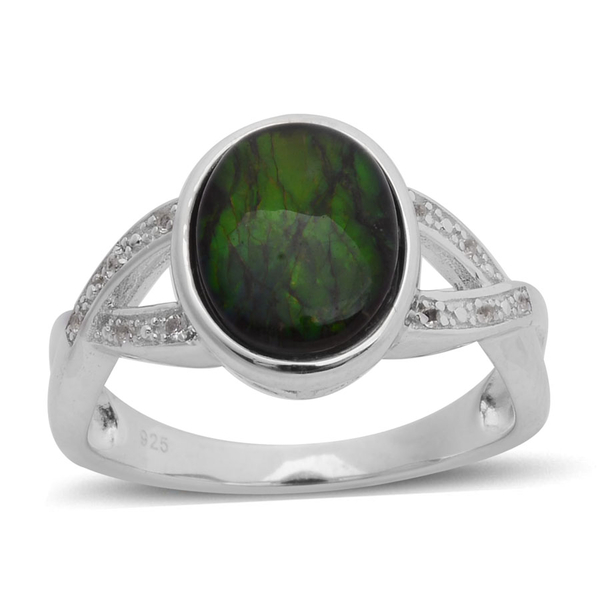 Canadian Ammolite (Ovl 2.00 Ct), White Topaz Ring in Rhodium Plated Sterling Silver 2.150 Ct.