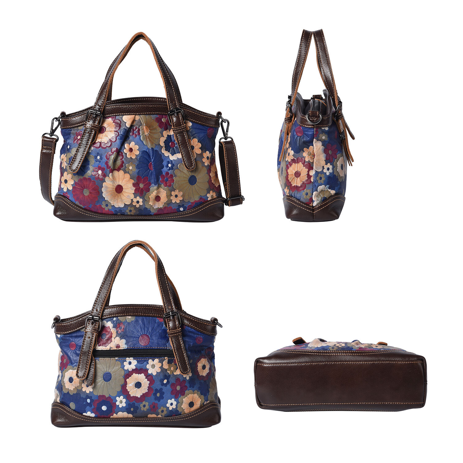 100% Genuine Leather Embossed Floral Pattern Satchel Bag (Siz3 31x9x21cm) - Blue and Multi Colour