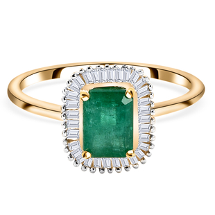 9K Yellow Gold AAA Kagem Zambian Emerald and Diamond Ring 1.22 Ct.