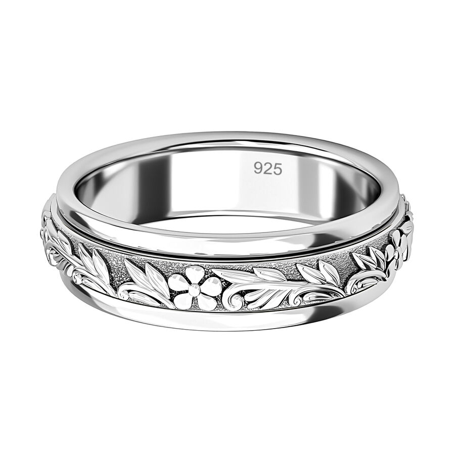 Platinum Overlay Sterling Silver Stackable Floral Vine Spinner Ring