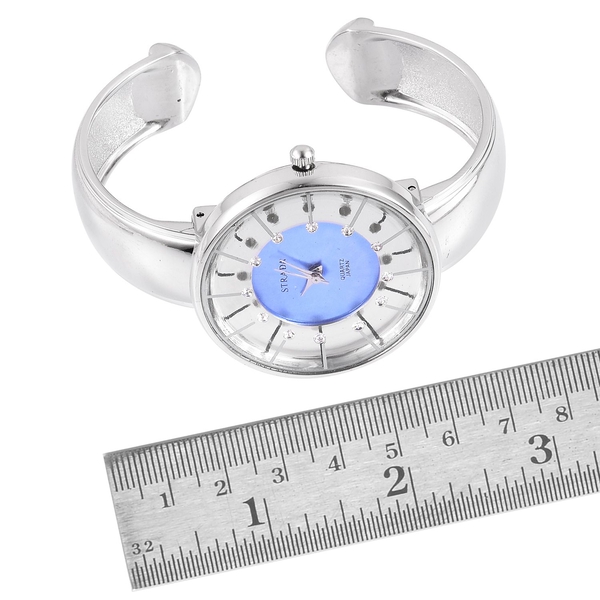 STRADA Japanese Movement White Austrian Crystal Studded Blue and Silver Dial Water Resistant Bangle Watch in Silver Tone with Stainless Steel Back