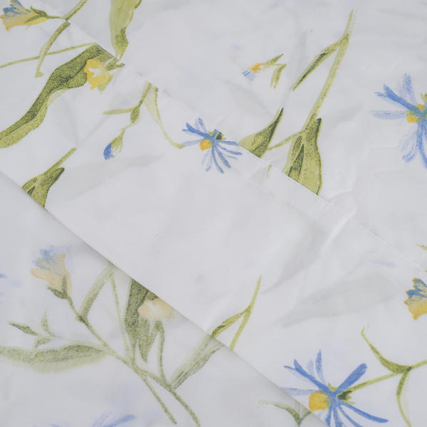 Serenity Night 4 Piece Set - Flower and Leaf Printed Microfibre 1 Flat Sheet (230x265cm), 1 Fitted Sheet (140x190+30cm) & 2 Pillowcase (50x75cm) in White & Blue